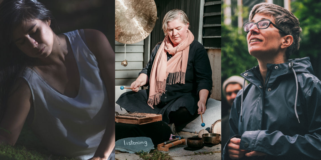 Three photos aligned in a banner. Left: Susanne Chui looking downward and lifting her upper body from a laying down position. Centre: Erin Donovan sitting crossed legs and playing percussion instruments. Right: Basma Kavanagh wearing glasses and a raincoat and looking up to the sky.