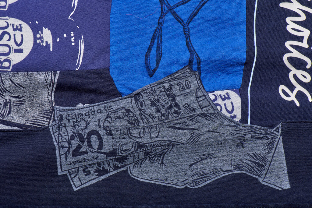 Quilt patched from pieces of NSLC clerk uniforms with an illustration of paper money printed on.