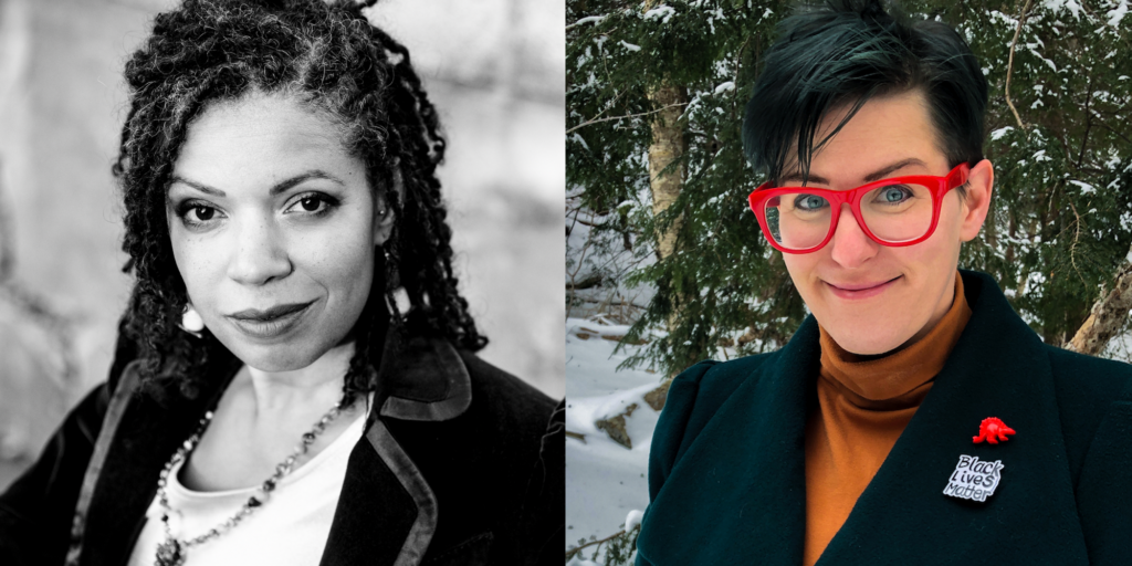 Two photos side by side. On the left: Nicole Jordan, a black woman with braided long black hair. She is wearing a black suit jacket over a white shirt. On the right: Colleen Arcturus MacIsaac, a non-binary white person wearing glasses with red frames. Their hair is dark with green highlights and they are wearing a green jacket over an orange sweater.